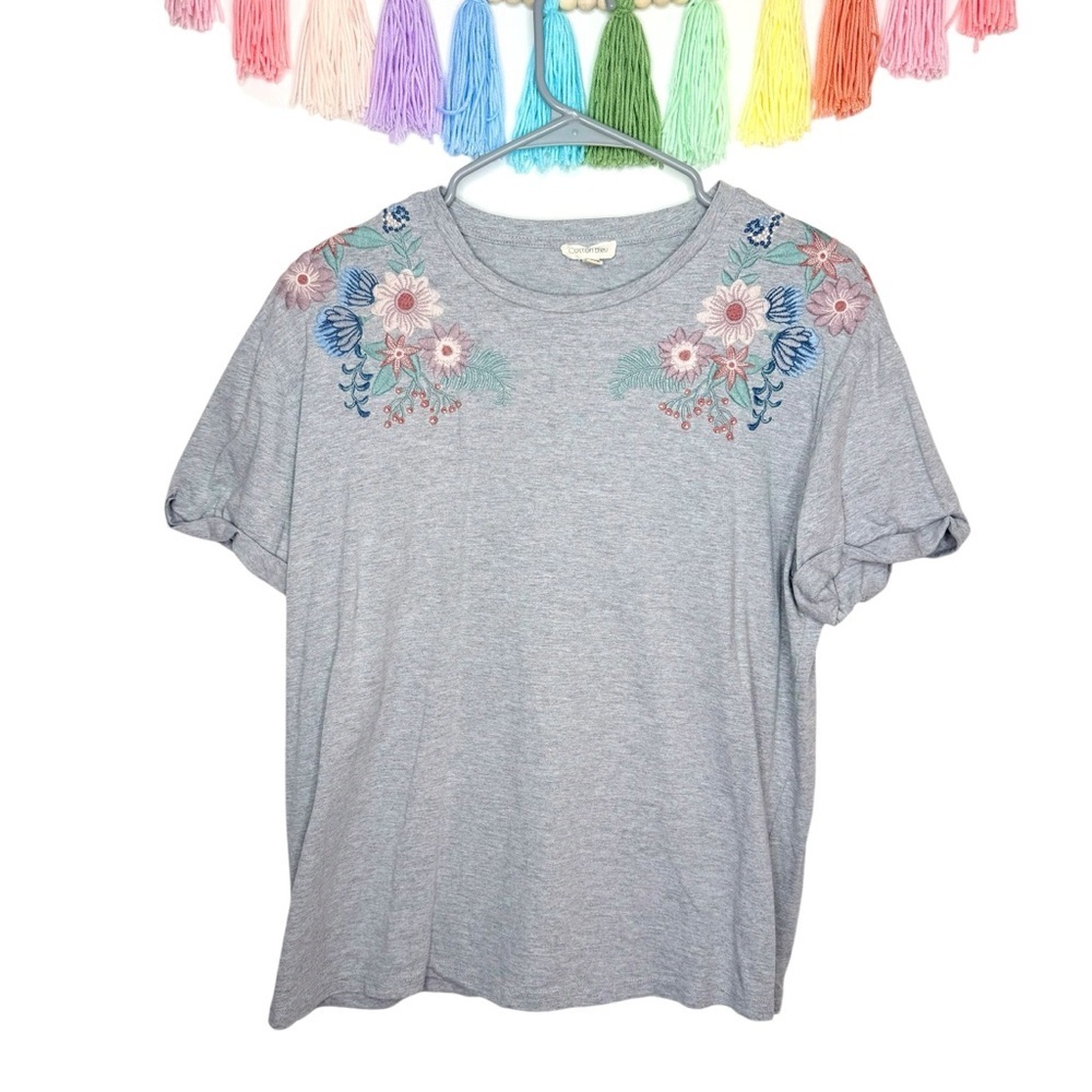 Cotton Bleu Floral Embroidered Gray T-Shirt Casual Unique Size Large